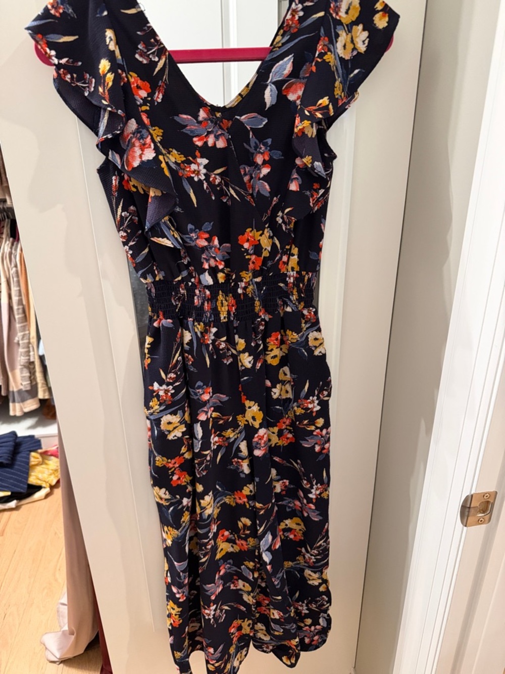 Floral Ruffle Waist Midi Dress - Navy